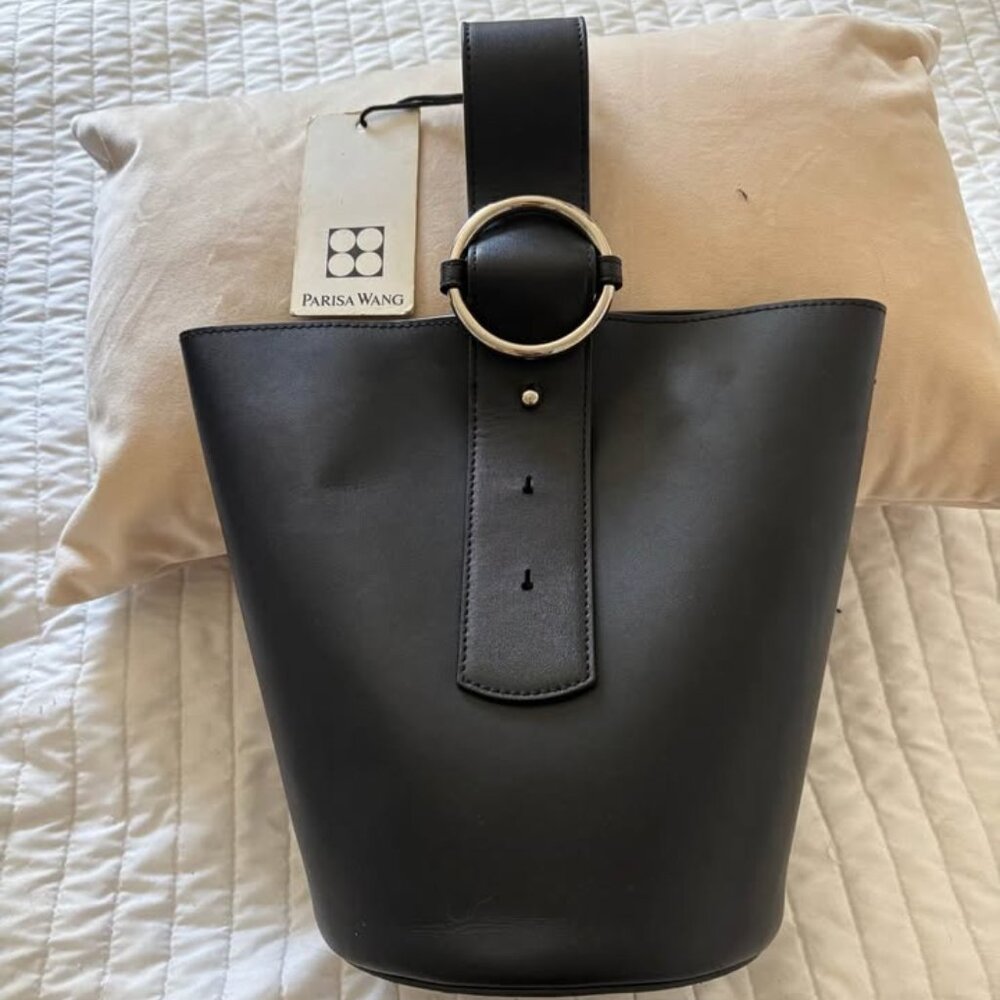 Parisa Wang Black Leather Bucket Bag with Silver Hardware